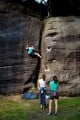 Emma climbing Viper Crack at High Rocks