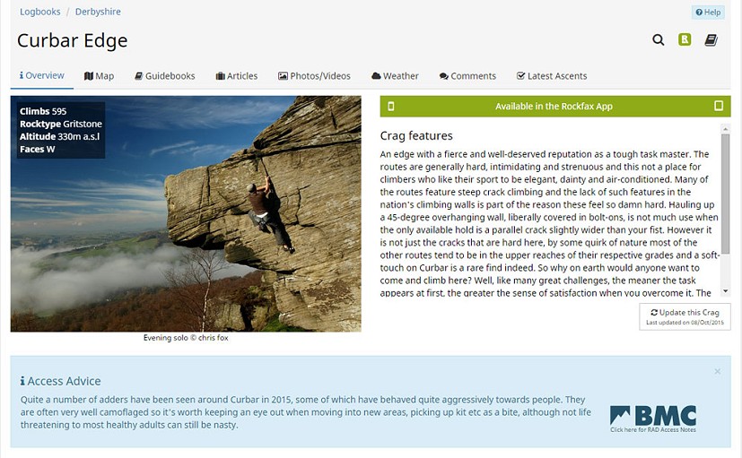 Crag Overview has live Access Issues from the BMC RAD database  © UKC News