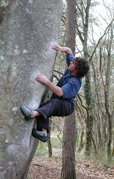 Adam climbing 'Appartenance' Buthiers, Font