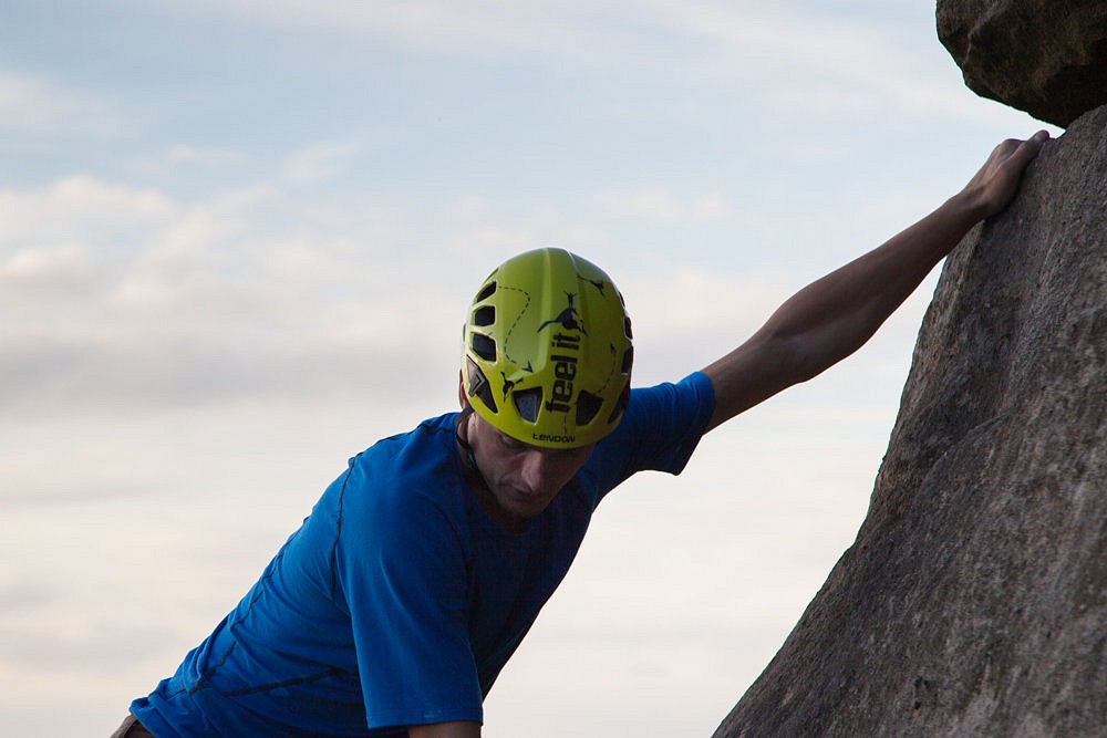 Rob Greenwood 'feeling it' during a day out at Stanage with the Tendon Orbix  © UKC Gear