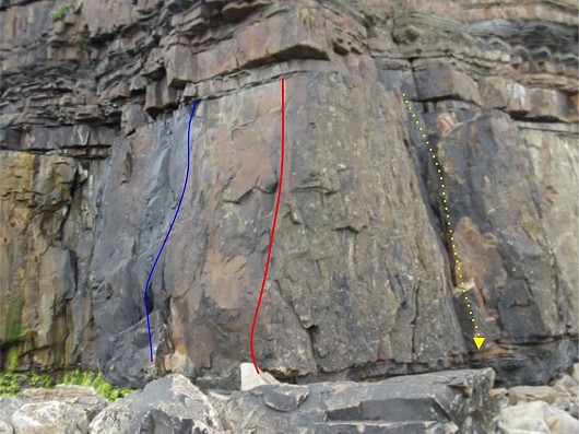 Left Side of the crag Topo - Blue - First Time Crack, Red - Si's Arete  © Macca_7