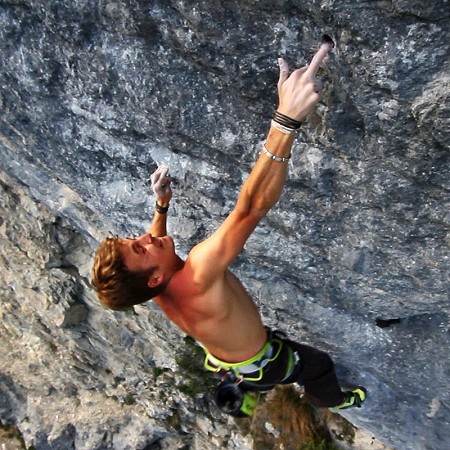 Pirmin Bertle taking the mono that marks the end of the hard climbing on Meiose, 9b, Charmey, Switzerland  © Pirmin Bertle