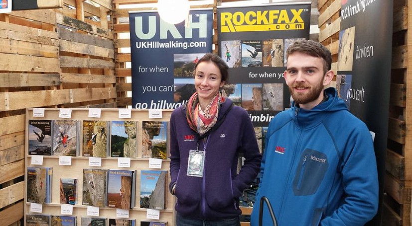 Natalie Berry and Martin McKenna take charge of the Rockfax/UKC stall  © Natalie Berry