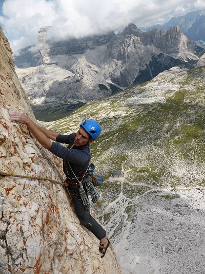 Tim Neill testing the DMM Maverick 2 harness in the Dolomites (Yellow Wall, Tre Cima)  © Nick Bullock
