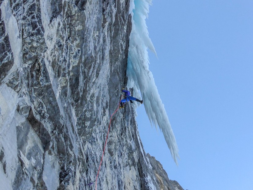 Greg gaining the ice on Pitch 1 of The Real Big Drip  © Nick Bullock