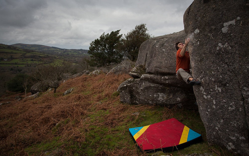 The author on Rowe's Arete (7a), Black Hill Tor  © Penny Orr
