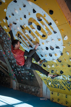 Ben Moon on his own Moonboard, at the School Room in Sheffield  © UKC Gear