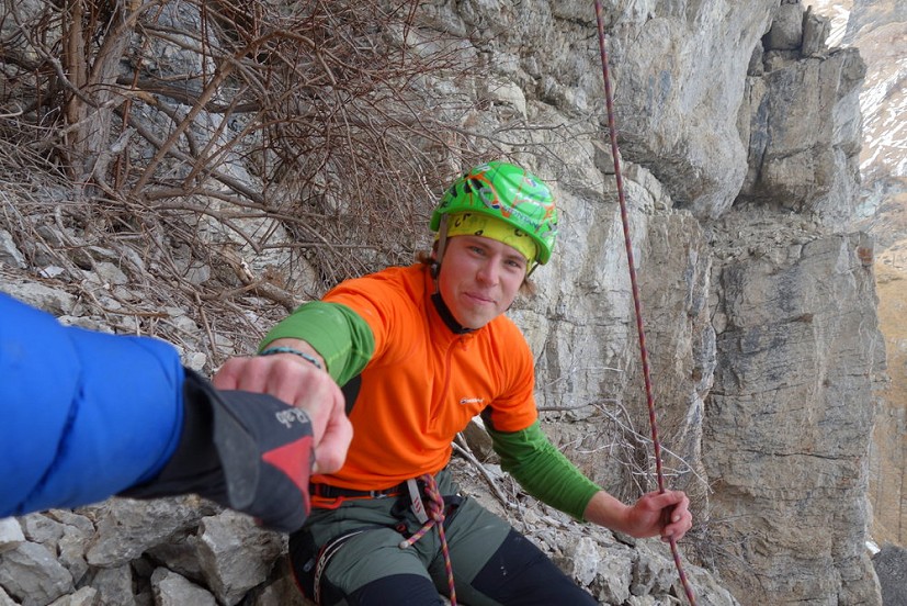 Tom after making the first ascent of Line Above the Sky D15  © Ryan Vachon