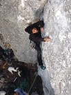 Nazo cracking her way up on the first ascent of "Enigma" (in Churchill Buttress).