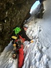About to exit into the sunshine.  Chockstone Gully, Cobbler.
