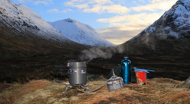 Winter Gas and Gravity stove - a good combination for cold weather cooking  © Dan Bailey
