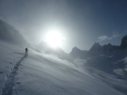 Skit Touring after a Storm above the Saleina Hut (Chardonnet in the background)