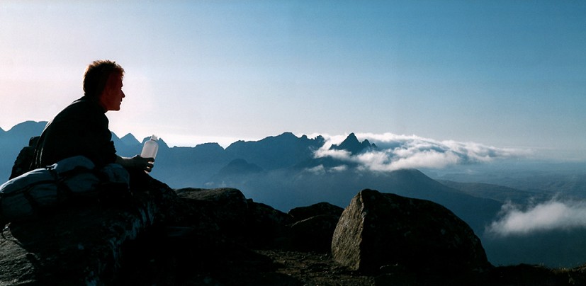 Mike Lates on the summit of Blaven after completing the Greater Cuillin Traverse in a heatwave, September 4, 1993  © Gordon Stainforth