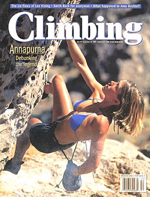 The celebrated and controversial cover of Climbing magazine featuring Rikki Ishoy.  © Corey Rich