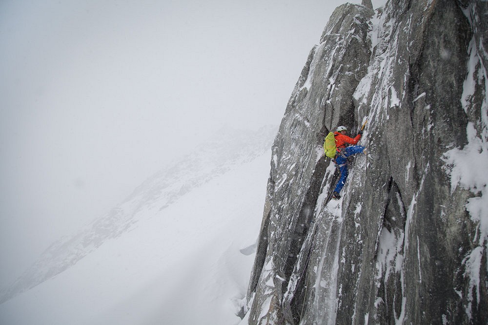 Patagonia Ambassador Max Turgeon mixed climbing in Scottish conditions on the Petit Aiguille Verte  © Rob Greenwood - UKC