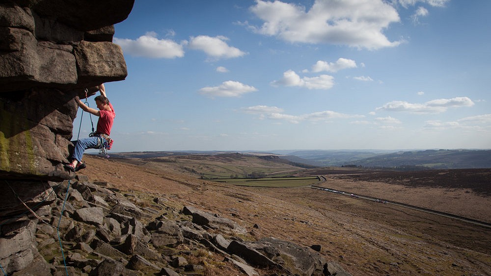 Jack Geldard using the EB Torch on The Tippler Direct (E3) at Stanage Popular  © Nick Brown - UKC