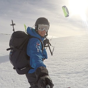 Leo gets to grips with snowkiting and selfie taking  © Berghaus