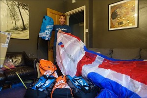 Leo takes delivery of a snow kite  © Berghaus