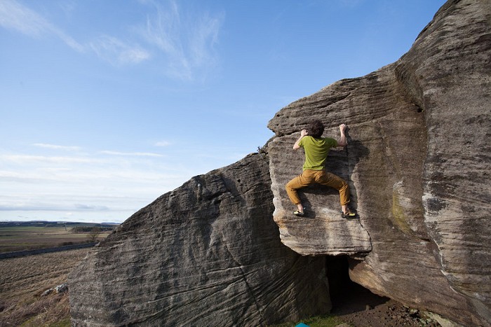 Testing the limits of frogging whilst climbing at Rothley, Northumberland  © Penny Orr