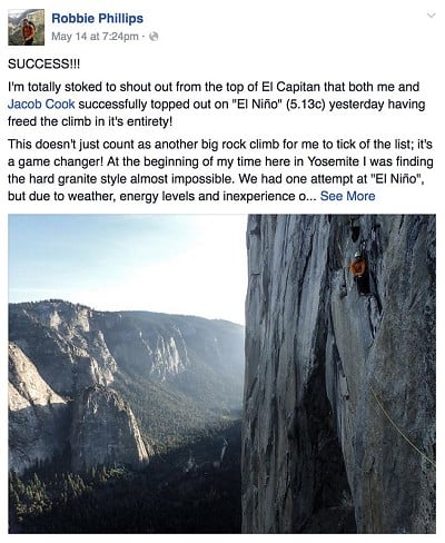 Robbie reports the ascent on his Facebook page  © Robbie Phillips