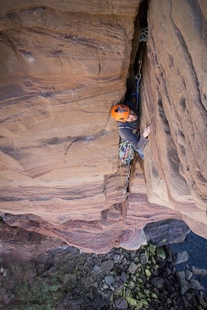 Witold from Poland enjoying every moment of the sandy, offwidth crux of the Old Man of Hoy  © Rob Greenwood - UKClimbing