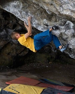 Alex Megos bouldering in Wales  © Ray Wood