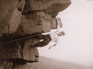 Joe Brown on the appropriately named route 'The Dangler' at Stanage  © Joe Browns Shops