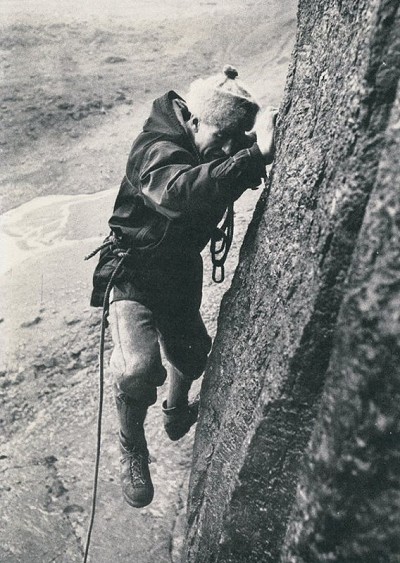 Joe Brown climbing at Cloggy, sans Stealth Rubber, Dyneema slings, and...well...everything really!!  © Joe Browns Shops