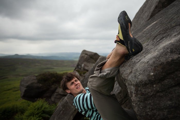 Testing out the heels of the Drago on 'Beast' (7b) at Stanage  © Rob Greenwood - UKC