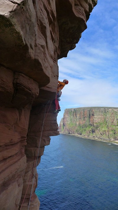 Tom Livingstone in profile on The Original Route, Old Man of Hoy  © Tony Stone
