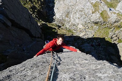Andy Woolston Climbing the spectacular pillar of 'Hyndsight' on Glyder Fach  © Calum Muskett