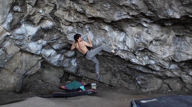 Mike Hart making the 3rd ascent of Pilgrimage 8B+  © Mike Hart