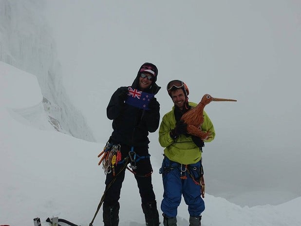 Pete, Jaz and an inflatable Kiwi celebrate a poor weather summit of Paron Sur (5500m)  © NZ Alpine Team