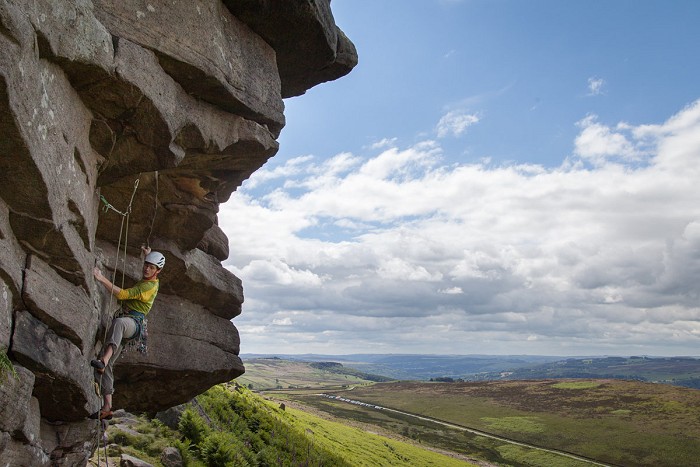 Rob Greenwood using the Edelrid Orion on The Guillotine at Stanage  © UKC Gear