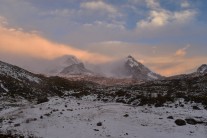 View of Jhampa from basecamp at sunset after a snowstorm (Cuzco, Peru)