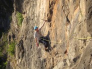 Hanging around on pitch 2 of Pink Wall Traverse
