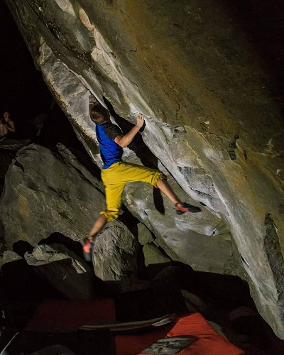 Orrin grabbing a night time ascent of Voigas, 8a+  © Pete Wilkinson