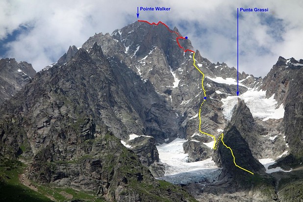 Yellow line shows Diamond Ridge (1200m elevation and new climbing). Red line shows continuation up upper part of Tronchey Ridge  © Michael Rinn