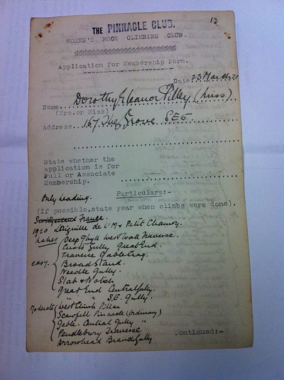 Dorothy's Pinnacle Club membership application form. Note the extended climb list on the reverse side!  © Pinnacle Club