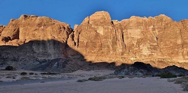 The east face of Jebel Rum. Goldfinger, Inferno and Flight of Fancy climb the lower third of the central East Dome.  © Robert Durran