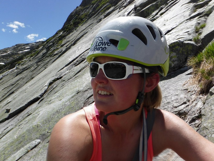 Becky wearing the Monte Rosa on the Grimsell Pass  © Becky Coles