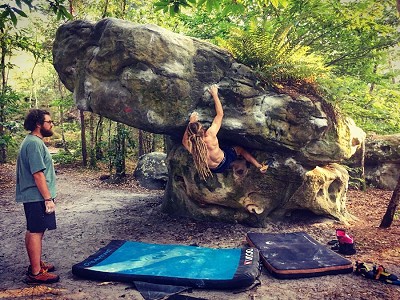 ‘Yoga’, on the edge of Les Trois Pignons, another lone boulder with plenty of hard problems.  © Alfie Jamieson