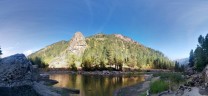 Panorama of Tumwater Canyon with Castle Rock in the centre. Taken from above "The Beach" area