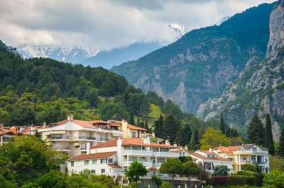 A cloud-covered Mount Olympus hides just beyond the town of Litochoro  © Jane Livingstone