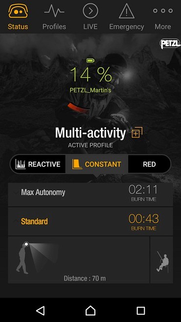 MyPetzl Light app status screen showing battery life and burn time for different modes  © Martin McKenna - UKC
