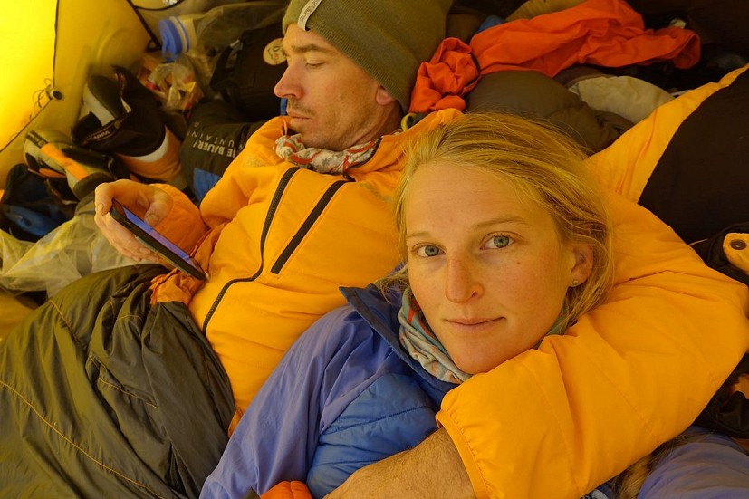 Adrian and Emily resting in the tent  © Emily Harrington