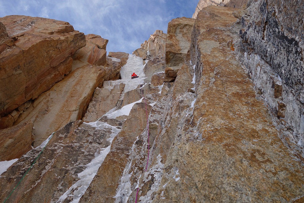 Luka Lindic high on Kyzyl Asker, climbing perfect ice.  © Ines Papert