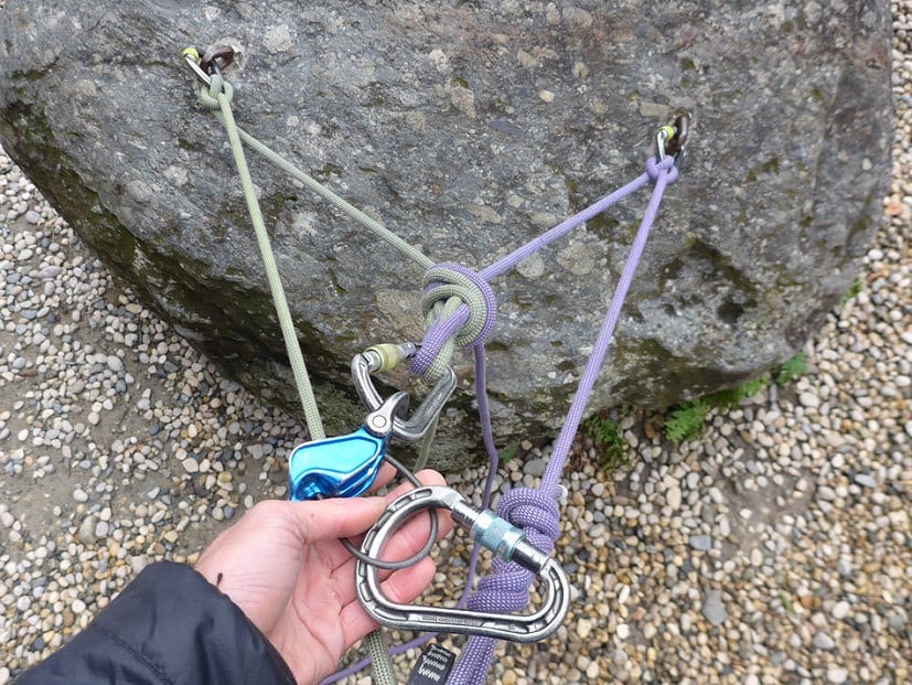 Belay device clipped to the overhand knot  © Jack Geldard