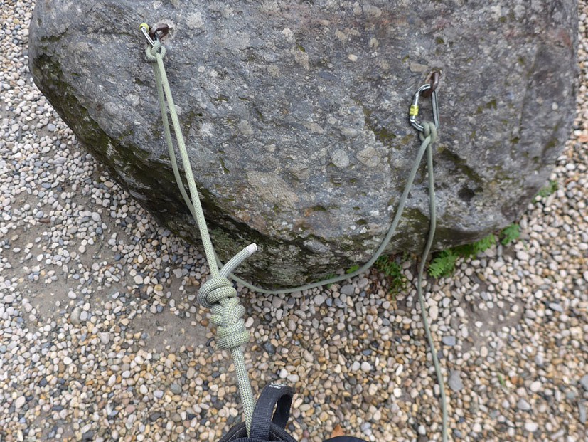Single rope clove-hitched to second bolt (note slack loop between bolts)  © Jack Geldard