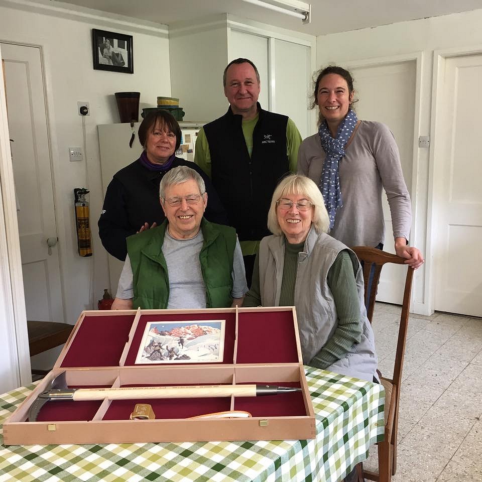 Joe and Val accepting their commemorative Grivel ice axe  © Joe Brown Shops